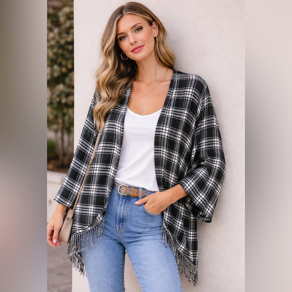 torrid Black and White Plaid Cardigan with Fringe Detail